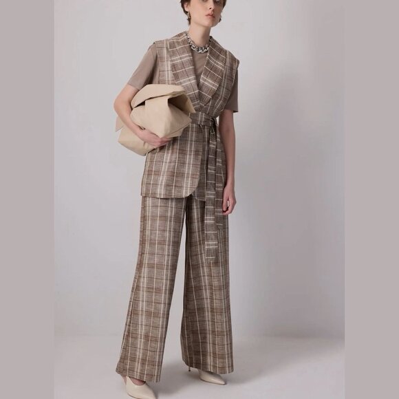 Touché Privé Two-Piece Suit Plaid 100% Linen Belted Vest & Wide-Leg Pants Size M - Picture 3 of 7